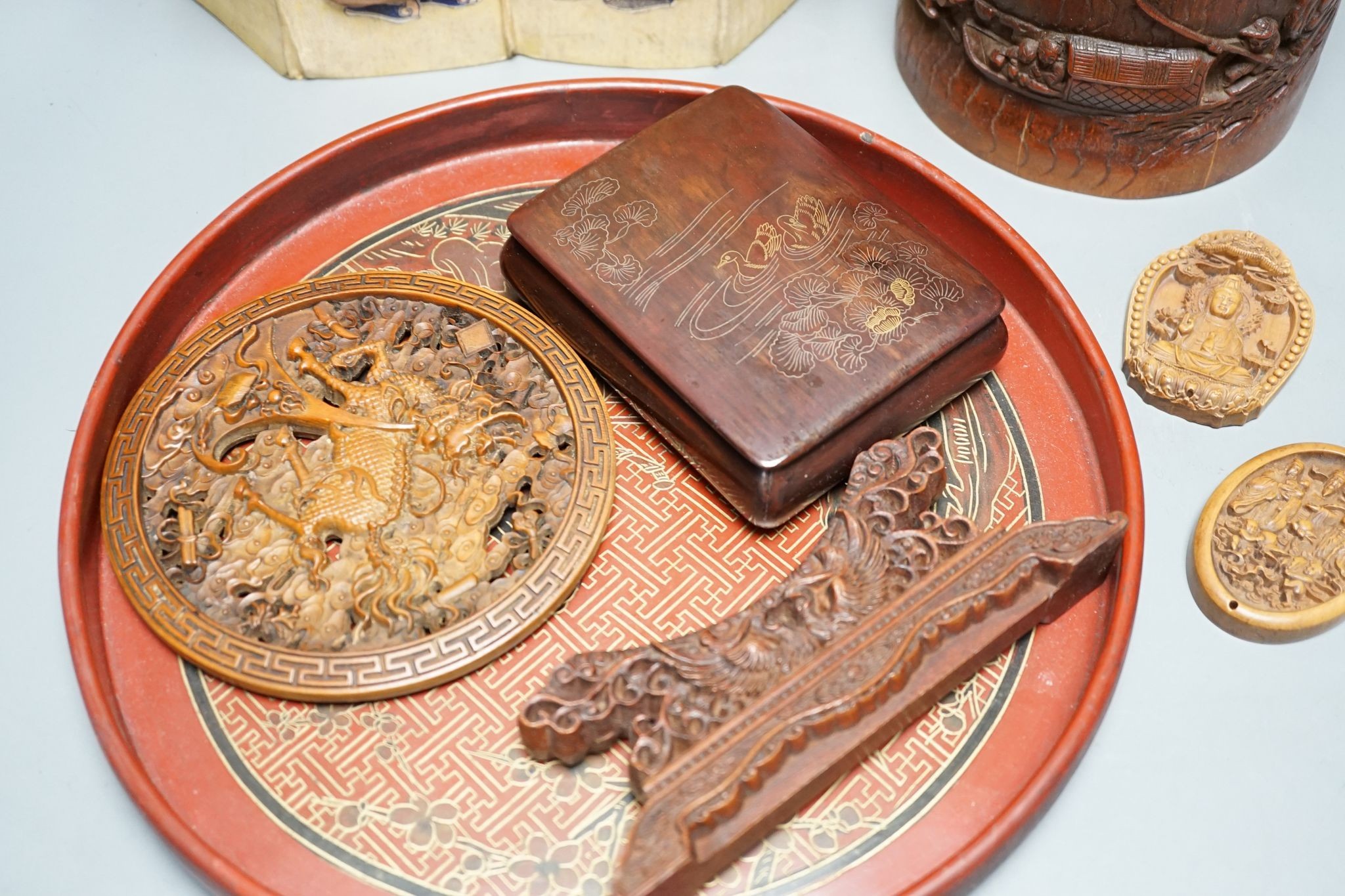 A Chinese applique work panel, a bamboo brushpot, 18cm, lacquer tray, inlaid boxwood table screen, covered box and two carvings